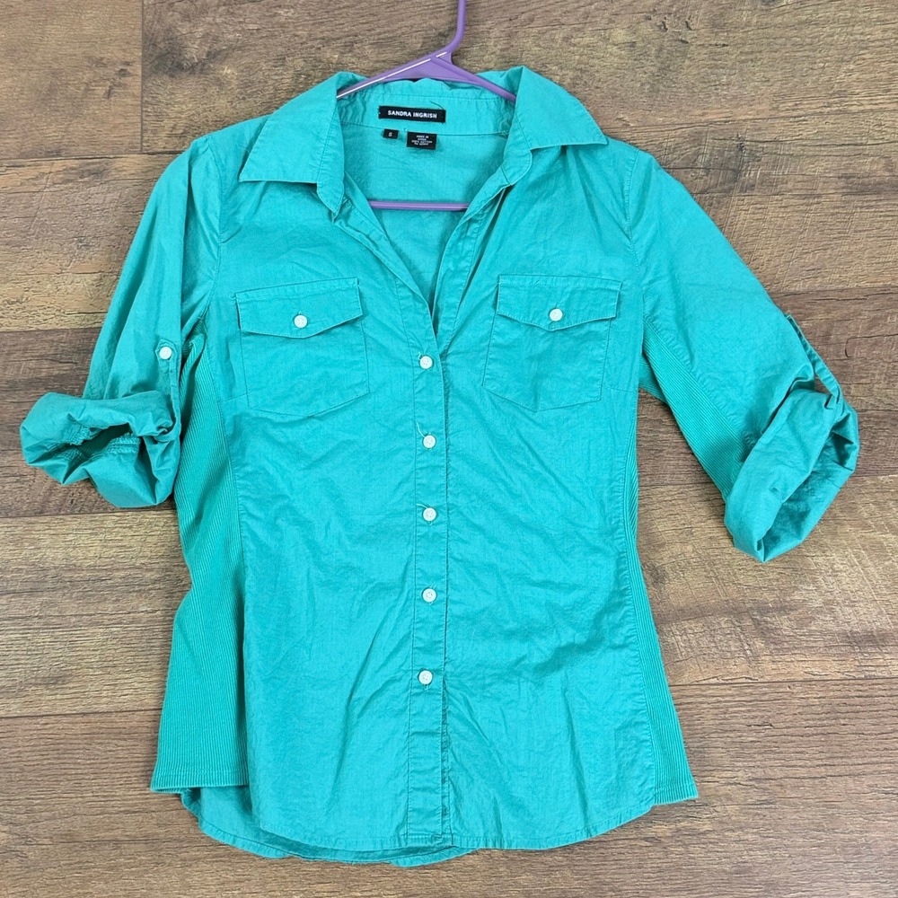 Sandra Ingrish Teal Cotton Button Down Roll Tab Sleeve Shirt Small